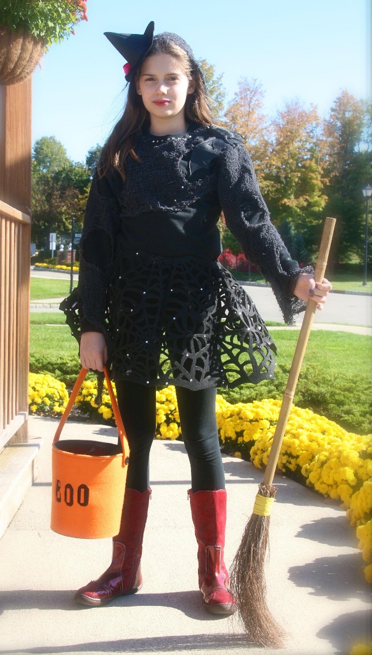 Auburn Witch Teen Girl wearing Black Opaque Pantyhose and Black Short Dress